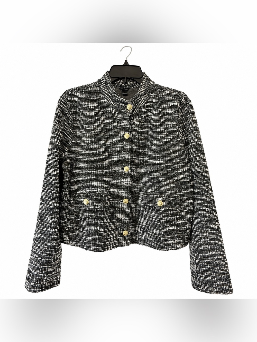 PtP 20.5” Large Ann Taylor Black Ivory Tweed Gold Button Jacket Long Sleeves